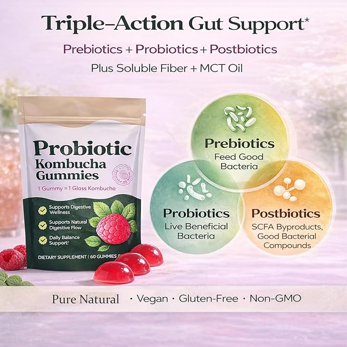 Probiotic Kombucha Gummies with Prebiotics Probiotics &amp Postbiotics – Digestive Support Fiber Gummy Supplement with Slippery Elm Dandelion Root &amp MCT Oil – Vegan Non-GMO 60 Gummies