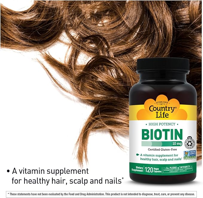 Country Life High-Potency Biotin 10mg - Vegan &amp Gluten-Free Biotin Supplement for Skin &amp Nails Energy Metabolism - Biotin 10000mcg Capsules