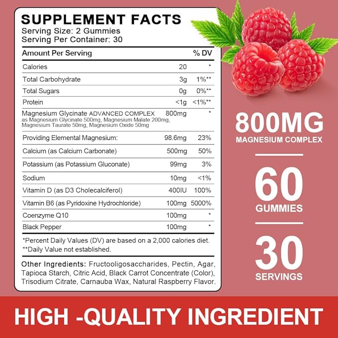 Sugar Free Magnesium Glycinate Gummies 500mg Magnesium Glycinate with 200mg Magnesium Malate Taurate Oxide COQ10 Vitamin B6 and D3 Relaxation Calm Mood 60 Raspberry Gummies(3 Pack)