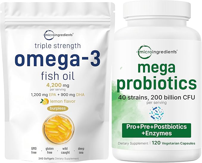 Micro Ingredients Omega-3 Fish Oil 4200mg Softgels &amp Mega Probiotics 200 Billion CFU Veggie Capsules | 2 Pack Bundle | Wild-Caught Burpless Lemon Flavor | 40 Strains + Inulin Acacia &amp Bro