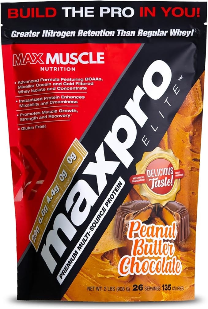 Max Muscle Maxpro Elite Whey Protein Powder | 30g Protein | 0g Sugar | 6.6g BCAAs | Micellar Casein Cold Filtered Whey Isolate Protein | Promotes Muscle Growth &amp Recovery (PB Chocolate 2lb)