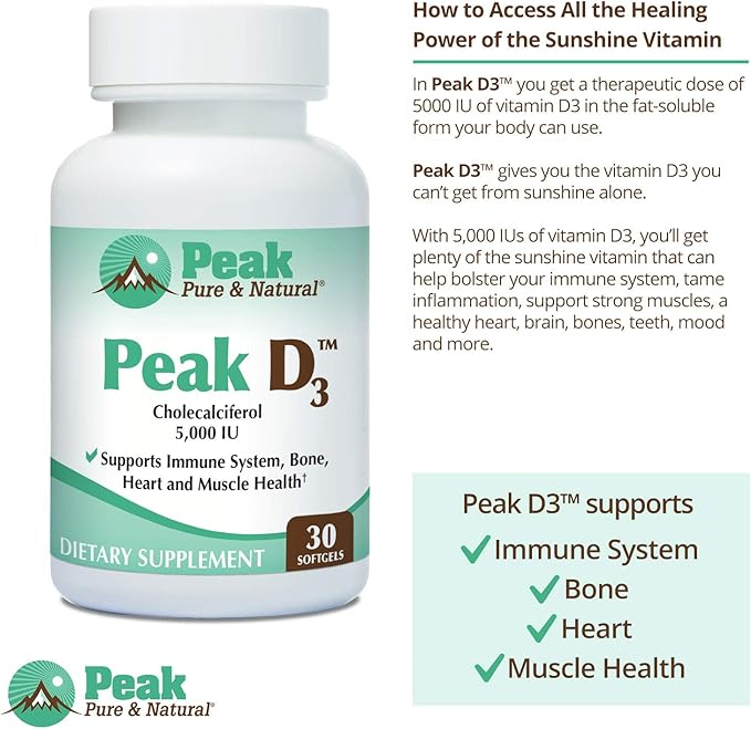 Peak Pure &amp Natural Peak D3 - Calciferol Vitamin D3 5000 IU - Immune Support - Support Heart Health - Boost Energy - Daily Vitamin for Adults | 30 Capsules
