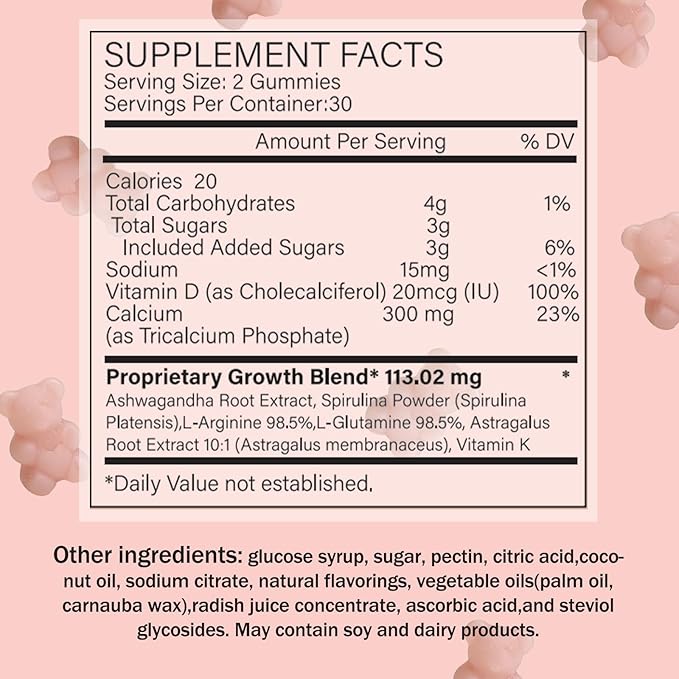 Growth Support Gummies for Kids Teens &amp Adults | with Vitamin D3 K2 Calcium &amp Ashwagandha | Watermelon Flavor for Daily Nutrition (1)