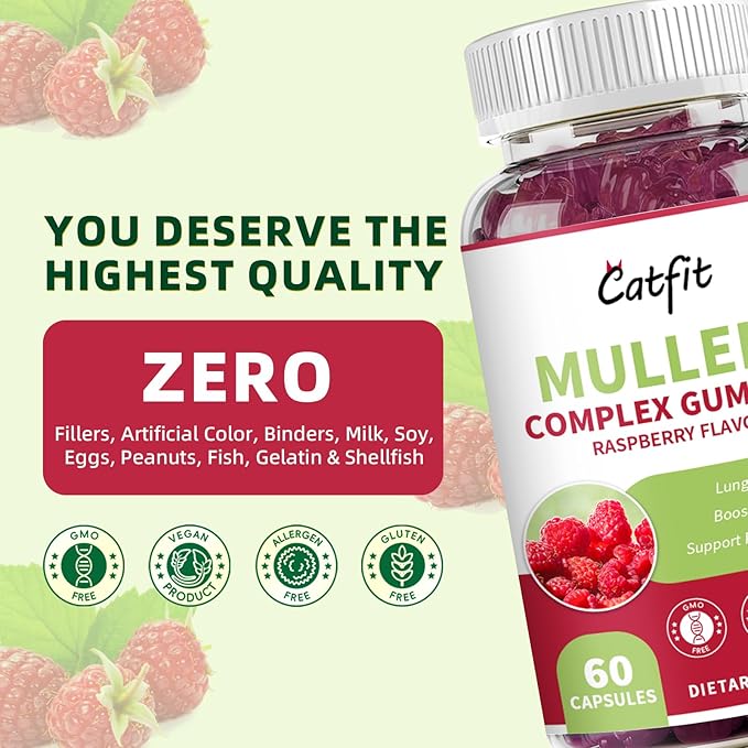 Catfit Mullein Quercetin Gummies for Lungs Detox &ampLymphatic DrainageElderberry Gummies for Respiratory &amp Immune SupportVegan Raspberry Flavor 120 Gummies