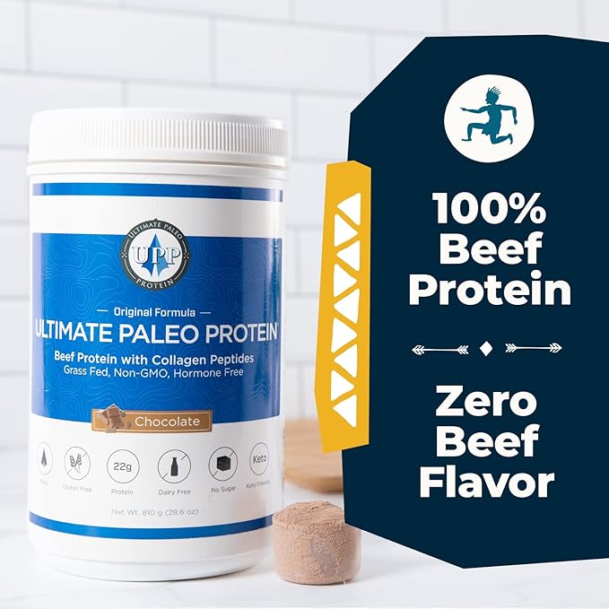 Ultimate Paleo Protein Powder | Premium Grass Fed Beef Protein with Collagen Peptides | Paleo Friendly Gluten Free Keto Friendly No Artificial Sweeteners or Preservatives - Chocolate 30 Servings