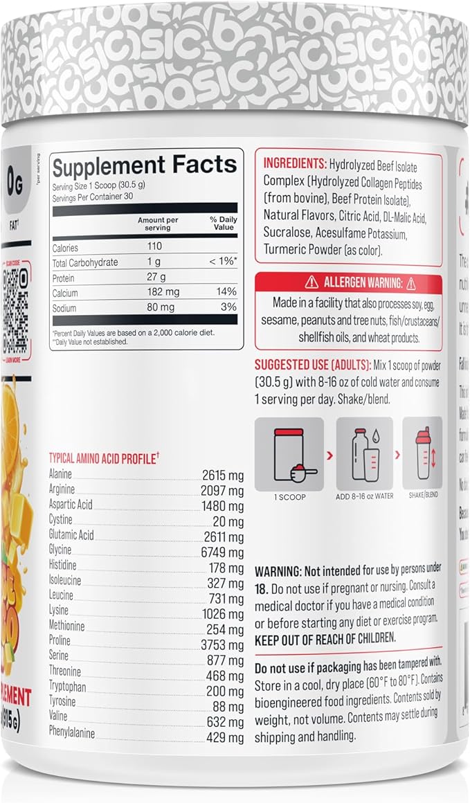 Hydrolyzed Clear Beef Isolate Protein Powder 27g Protein 9 Essential Amino Acids Fat-Free Dairy-Free Sugar-Free Lactose-Free Supports Muscle Protein Synthesis