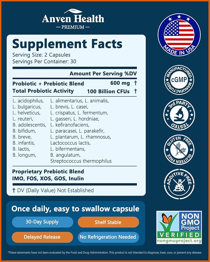 100 Billion Probiotics for Men and Women 27 Strains 5 Organic Prebiotics for Gut Digestive &amp Immune Health Supports Diarrhea Gas Bloating Non-GMO Zero Fillers – Made in USA丨60 Caps