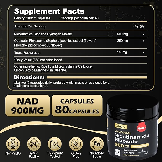 TureNAD Supplement for Men &amp Women: Liposomal Nicotinamide Riboside with Resveratrol &amp Quercetin - High Absorption Formula for Energy Focus and Skin - 80 Capsules