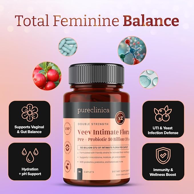 Veev Intimate Flora – Vaginal &amp Gut Microbiome Support – 50 Billion CFU Probiotics with Prebiotics Cranberry D-Mannose &amp Hyaluronic Acid – 180 Caplets (2 x 90) – 6-Month Supply