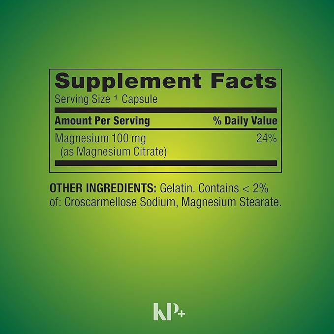 KP+ Magnesium | Magnesium Citrate 100 mg | Bone &amp Muscle Health Support | Rapid-Release Capsules | 100 Count | Dietary Supplement | Pack of 1