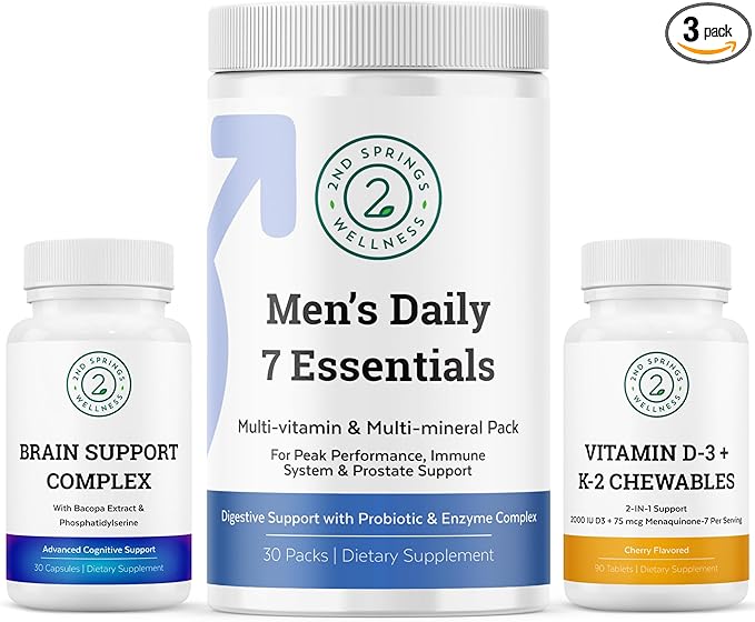 Men's Health Vitality Bundle: Brain Support Complex Men's Daily 7 Essentials and Vitamin D3 + K2