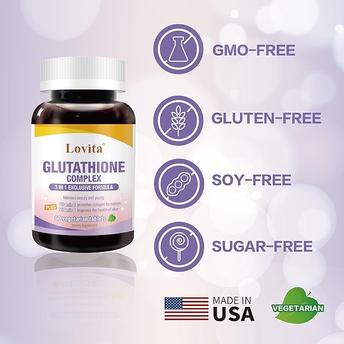 Lovita Glutathione Complex 500mg for Radiant Skin &amp Immunity Support | 99.8% Purity with Vitamin C Selenium &amp E Vegan Non-GMO Gluten-Free 180 Vegetarian Tablets (Pack of 3)