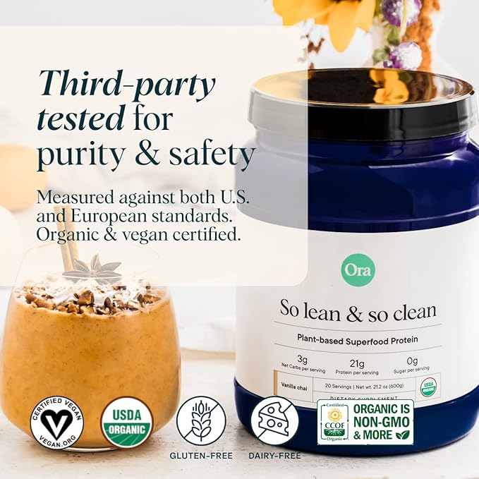 Ora Organic Protein Powder Vanilla Chocolate &amp Vanilla Chai Bundle: 21g Plant Based Vanilla Vanilla Chai 20 Servings + 22g Plant Based Chocolate 20 Servings