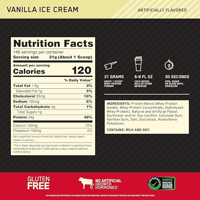 Optimum Nutrition Gold Standard 100% Whey Protein Powder Vanilla Ice Cream 10 Pound (Packaging May Vary)