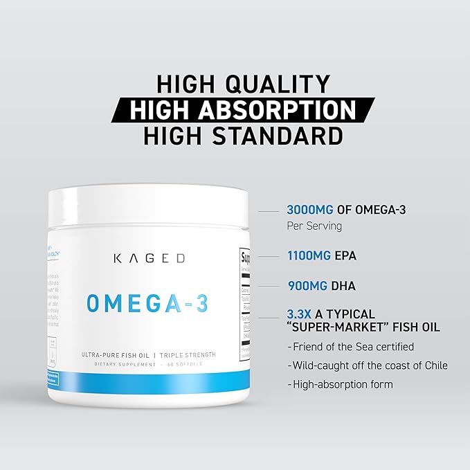 Kaged Omega 3 Softgels | Unflavored | Fish Oil Supplement | 3000mg Omega 3 Fatty Acid with EPA &amp DHA | Ultra-Pure No Fish Burps | Supplements for Men &amp Women | 30 Servings