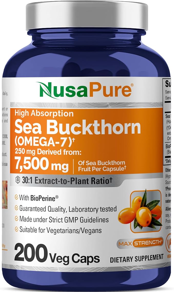 NusaPure Sea Buckthorn Omega-7 30:1 Extract 250 mg Equivalent to 7500mg per Veggie Caps - 200 Capsules - Non-GMO &amp Vegan