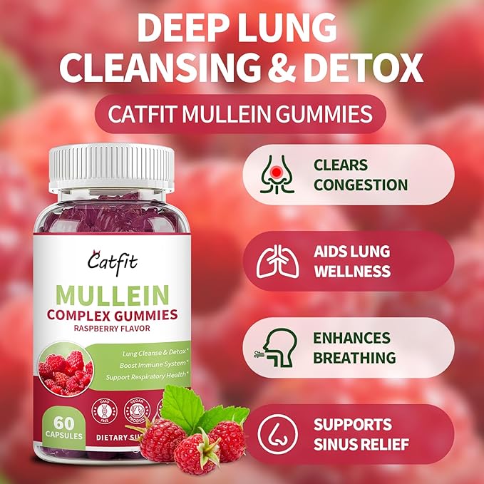 Catfit Mullein Quercetin Gummies for Lungs Detox &ampLymphatic DrainageElderberry Gummies for Respiratory &amp Immune SupportVegan Raspberry Flavor 120 Gummies