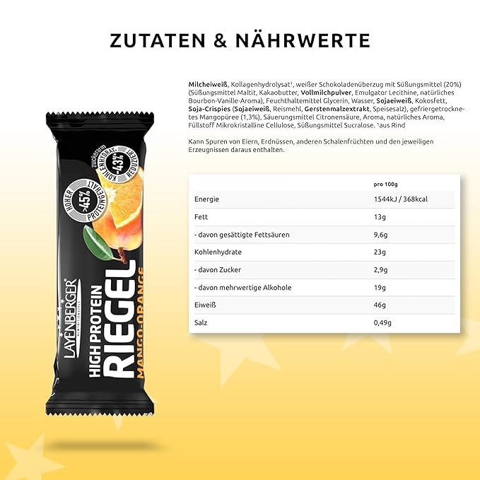 Layenberger High Protein Bar Fitness Power Bar Lots of Protein Low Sugar Pack of 18 (18 x 35 g) - Mango Orange