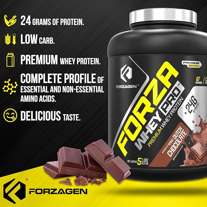 Forzagen Whey PRO Low Carb Protein Powder | 24g of Protein per Serving No Added Sugar Gluten Free Premium Whey for Shakes &amp Mixes for Men &amp Women BCAA | Dutch Chocolate 5 lbs. (67 Serving