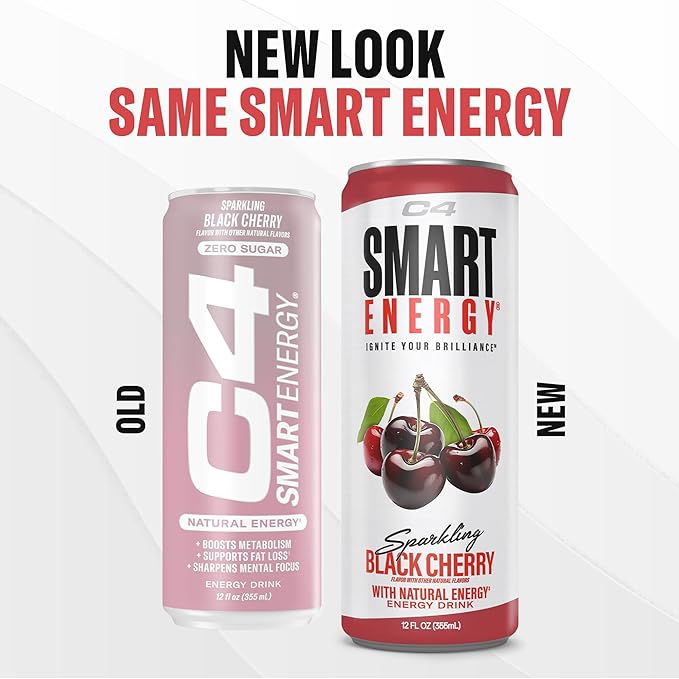 C4 Smart Energy Drink – Boost Focus and Energy with Zero Sugar Natural Energy and Nootropics - 200mg Caffeine - Black Cherry (12oz Pack of 12)
