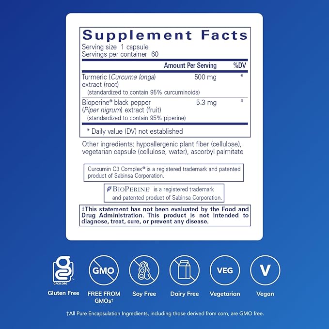 Pure Encapsulations Curcumin 500 with Bioperine - Antioxidant Supplement to Support Joints Tissue Liver Colon &amp Cellular Health* - with Turmeric Curcumin &amp Bioperine - 60 Capsules