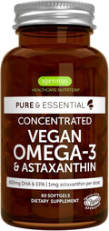 Igennus Vegan Omega-3 Natural Algae Oil DHA &amp EPA Certified Pure Plant Based Fatty Acid Supplement with Astaxanthin Antioxidant 60 Small Softgels 2 per Day 30 Servings