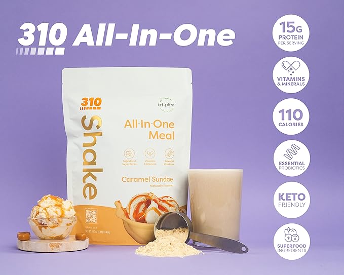 310 Nutrition Meal Replacement Shake Powder Starter Kit with Shaker Cup - Vegan Protein Fiber &amp Superfood Blend - Sugar-Free Low-Carb Keto &amp Paleo Friendly - Caramel Sundae - 14 Servings
