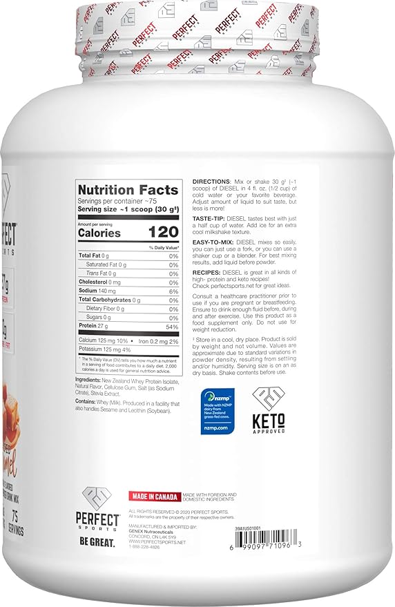 PERFECT Sports Diesel 100% New Zealand Whey Isolate Grass-Fed &amp Pasture Raised 5LB Salted Caramel