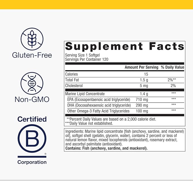 Metagenics OmegaGenics EPA-DHA 1000 mg - High Potency Omega-3 Fish Oil Supplement for Heart Brain &amp Joint Health* - Sustainably Sourced - 120 Softgels