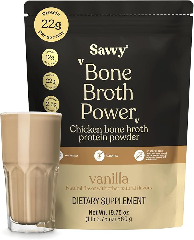SAVVY Bone Broth Power Vanilla Protein Powder – 22g Protein 12g Collagen Glutamine MCTs – Bone Broth for Muscle Joint Digestive &amp Skin Health – Dairy-Free Keto – 560g (16 Servings)