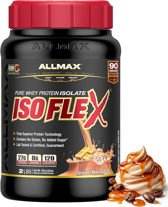ALLMAX ISOFLEX Pure Whey Isolate Protein Powder - Gluten Free Low Lactose Sugar-Free - High-Protein Clean Keto-Friendly for Pre Post Workout Supplement for Women and Men | Caramel Macchiato 2lb