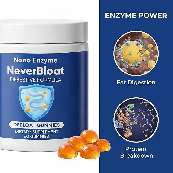 Nano Digestive Enzyme Gummies with Probiotics – NeverBloat Formula for Daily Digestive Support Helps Relieve Bloating &amp Gas Chewable Enzyme Complex - 60 Gummies