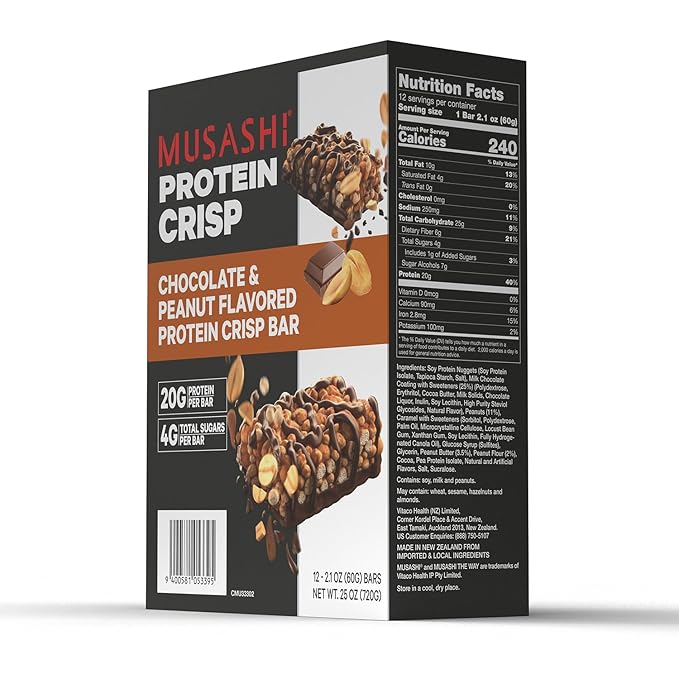 MUSASHI Protein Crisp Bar 20g Protein 4g Total Sugars Chocolate &amp Peanut Post Workout and Snack On The Go 12 Pack of 2.1oz (60g) Bars