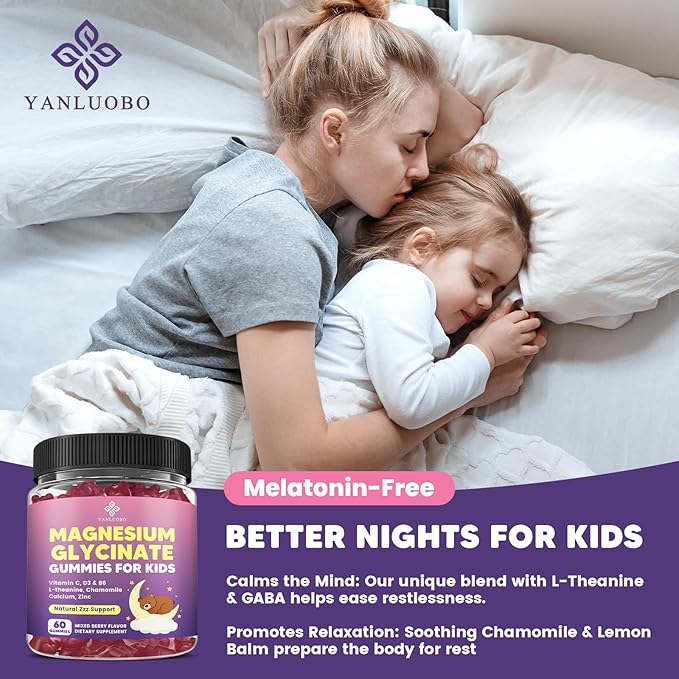 Kids Magnesium Gummies - Magnesium Glycinate Gummies 400mg/200mg with L-Theanine Chamomile Vitamin B6 D3 for Kids Relaxation &amp Zzz Support Nerve Bone - Sugar Free Mixed Berry Flavor 120ct