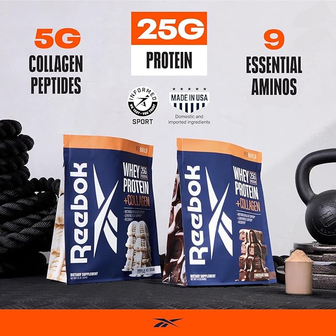 Reebok Whey Protein Powder + Collagen Peptides | 25g Protein with 9 Essential Amino Acids | Muscle Recovery Joint &amp Gut Support | Informed-Sport Certified | REEbuild Vanilla Ice Cream Flavor 1.3