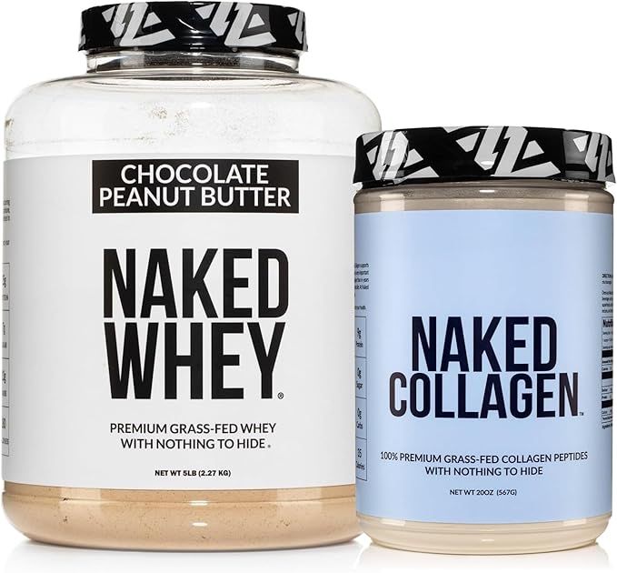 NAKED Whey Chocolate Peanut Butter Protein Powder (52 Servings) + Collagen Peptides Protein Powder 20oz (60 Servings) – Grass-Fed Non-GMO Gluten Free