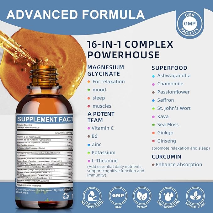 Magnesium Glycinate Liquid Drops with L-Theanine Ashwagandha &amp Saffron - Herbal Sleep &amp Calm Support with Chamomile Passionflower &amp Kava - Relaxation Mood &amp Nerve Support - Sugar Fr