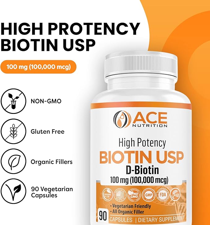 High Potency Biotin USP (D-Biotin 100000mcg) - Superior Biotin Organic Rice Flour Vegetarian Capsules For Hair Skin &amp Myelin Health Made in the USA (100mg/90 Capsules)