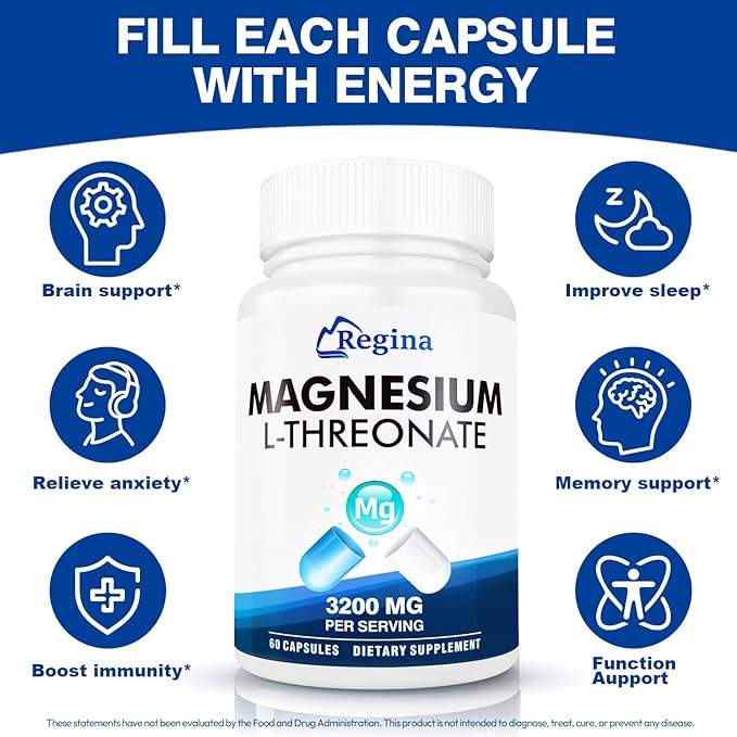 Magnesium L-Threonate Capsules Magnesium Supplement for Women and Man for Memory and Brain Focus for Sleep Cognitive Health Supplement Non-GMO 60 Vegetarian Capsules