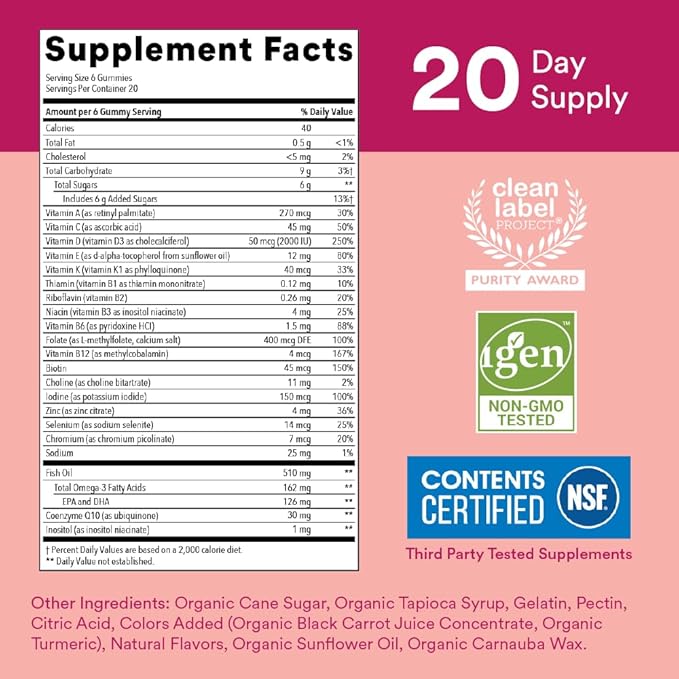 SmartyPants Women's Multivitamin Gummies: Omega 3 Fish Oil (EPA/DHA) Methylfolate CoQ10 Vitamin D3 C Vitamin B12 B6 A K &amp Zinc Inositol Gluten Free 120 Count (20 Day Supply)