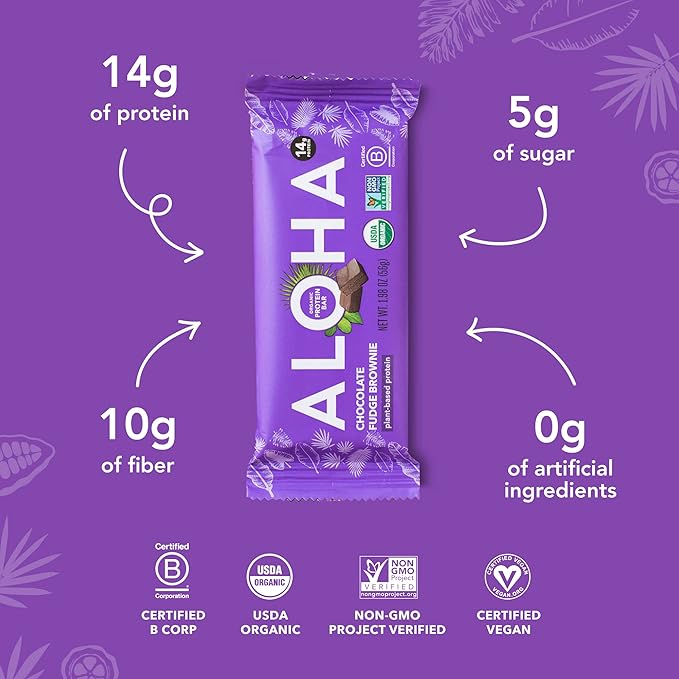 ALOHA Organic Plant-Based Protein Bars | Chocolate Fudge Brownie | Vegan Gluten-Free Paleo Low-Carb Non-GMO Soy-Free 12 Count