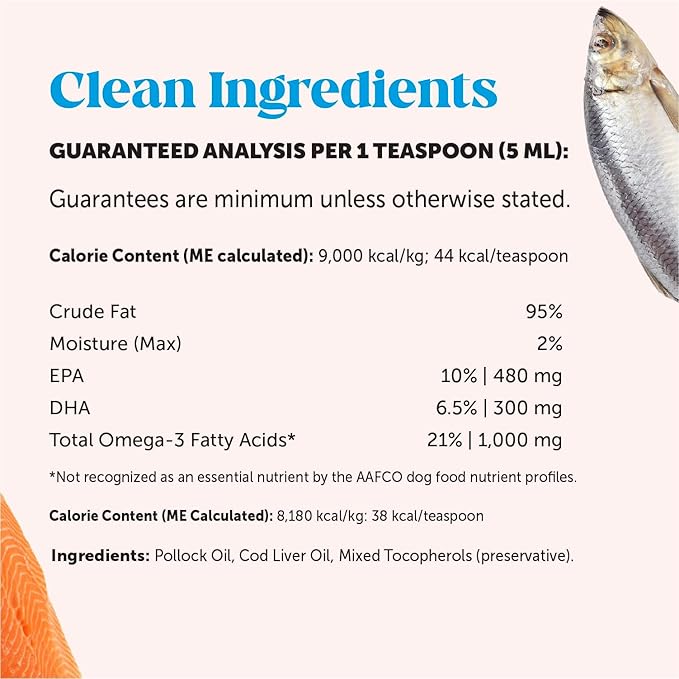 Omega 3 Fish Oil Supplement for Dogs &amp Cats (16oz) Wild Caught Omega 3 Fish Oil for Skin and Coat Health Supports Shedding Skin &amp Coat Immunity Joint Brain &amp Heart EPA + DHA
