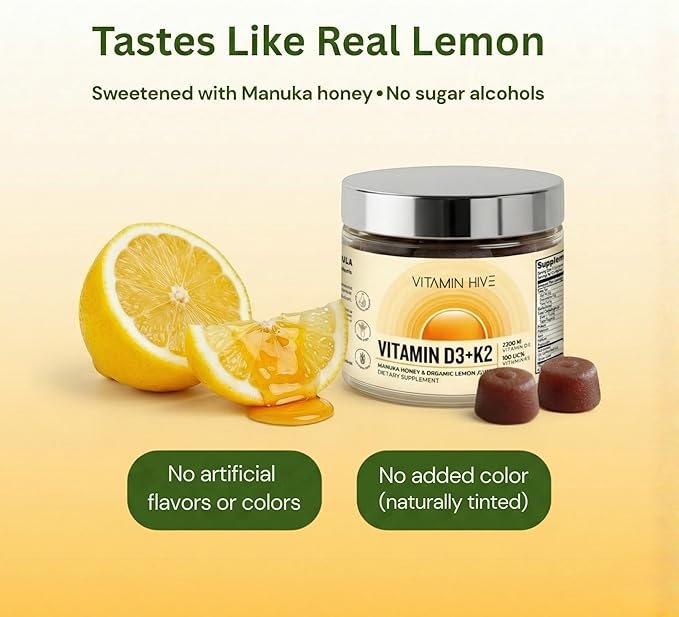 Vitamin 2500 IU D3 + 100mcg K2 MK-7 - Manuka Honey &amp Organic Lemon - Vegan Pectin - No Sugar Alcohols - with Avocado Oil for Absorption - Bone &amp Immune Support - 60 Day Supply