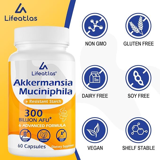 Lifeatlas Akkermansia Supplement Probiotic | Akkermansia with 300 Billion AFU Akkermansia Probiotic 6-in-1 Akkermansia Probiotics for Women and Men Daily Akkermansia Supplement 240 Caps