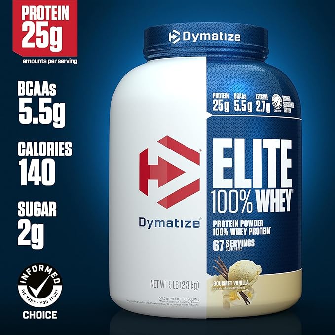 Dymatize Elite 100% Whey Protein Powder Vanilla 25g of Protein 5.5g BCAAs Less Than 140 Cal. Gluten Free 2g Carb 2g Sugar 3g Fat (67 Servings)