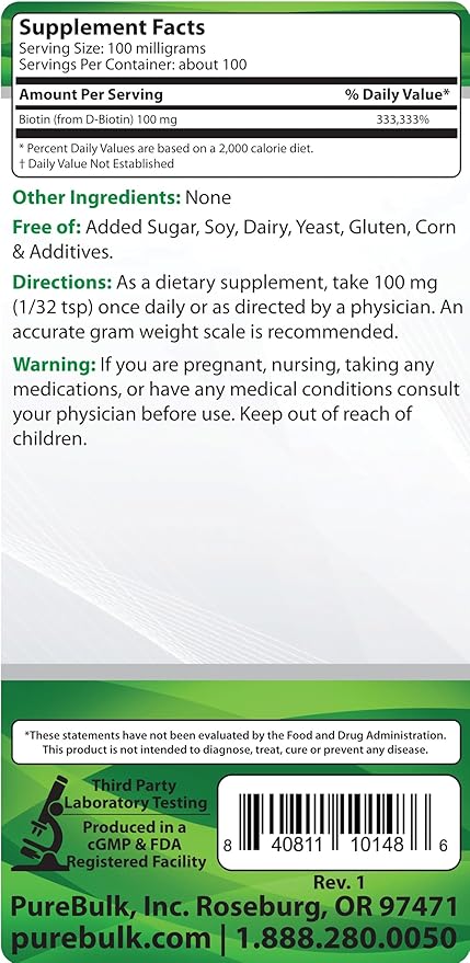 Pure Biotin Powder - Non-GMO (10 Grams)