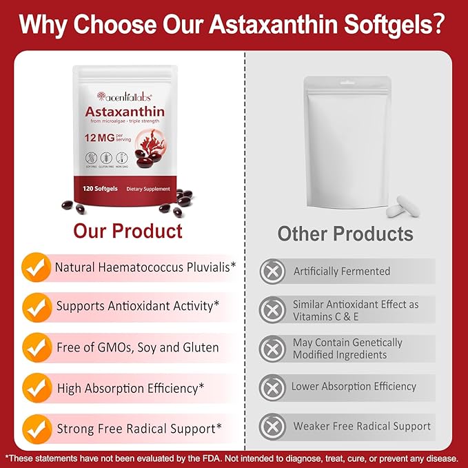 Astaxanthin Supplements 12mg - 120 Softgels | Premium Natural Antioxidant from Microalgae | Eye Skin Brain Joint Heart &amp Immune Health Support | Non-GMO Gluten-Free