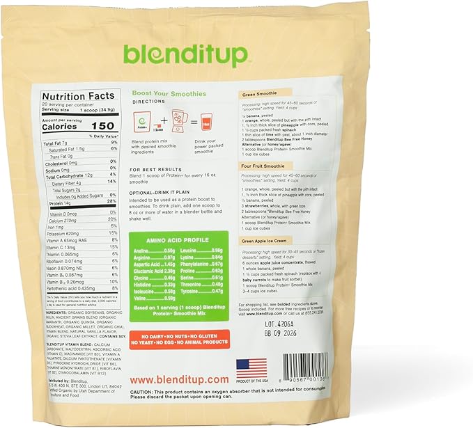 Blenditup Protein + Smoothie Mix Organic (24oz.) 100% Vegan Gluten Free