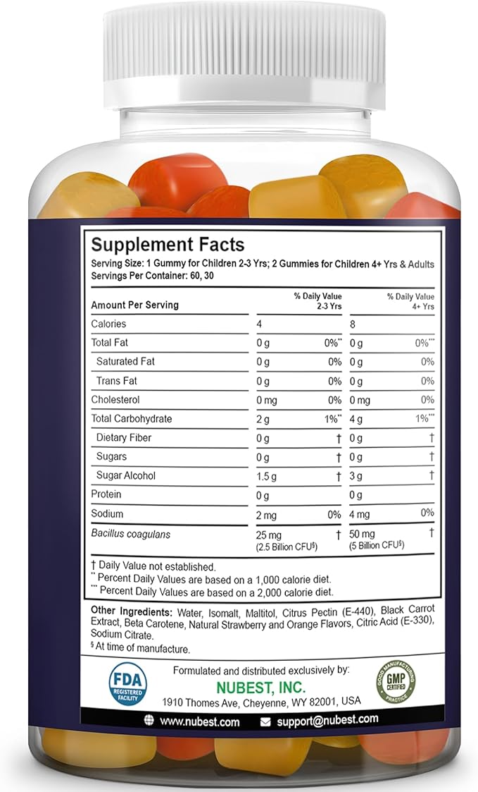 NuBest Daily Probiotic Gummies for Kids &amp Teens with 5 Billion CFUs | Supports Immune Gut and Digestive Health | No Added Sugar | Yummy Strawberry &amp Orange Flavors | 60 Premium Vegan Gummies