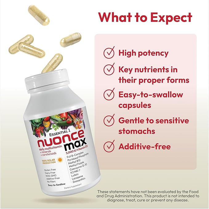 ANDREW LESSMAN Essential-1 nuonce max Multivitamin 3000 IU Vitamin D3 360 Small Capsules. 100 mcg Methyl B12. CoQ10 Lutein Lycopene Zeaxanthin. High Potency. No Additives. Ultra-Mild One Daily Capsule